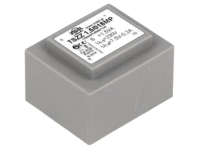 Transformator: ingegoten; 1,5VA; 230VAC; 7,5V; 160mA; PCB; IP00 Transformator: ingegoten; 1,5VA; 230VAC; 7,5V; 160mA; PCB; IP00